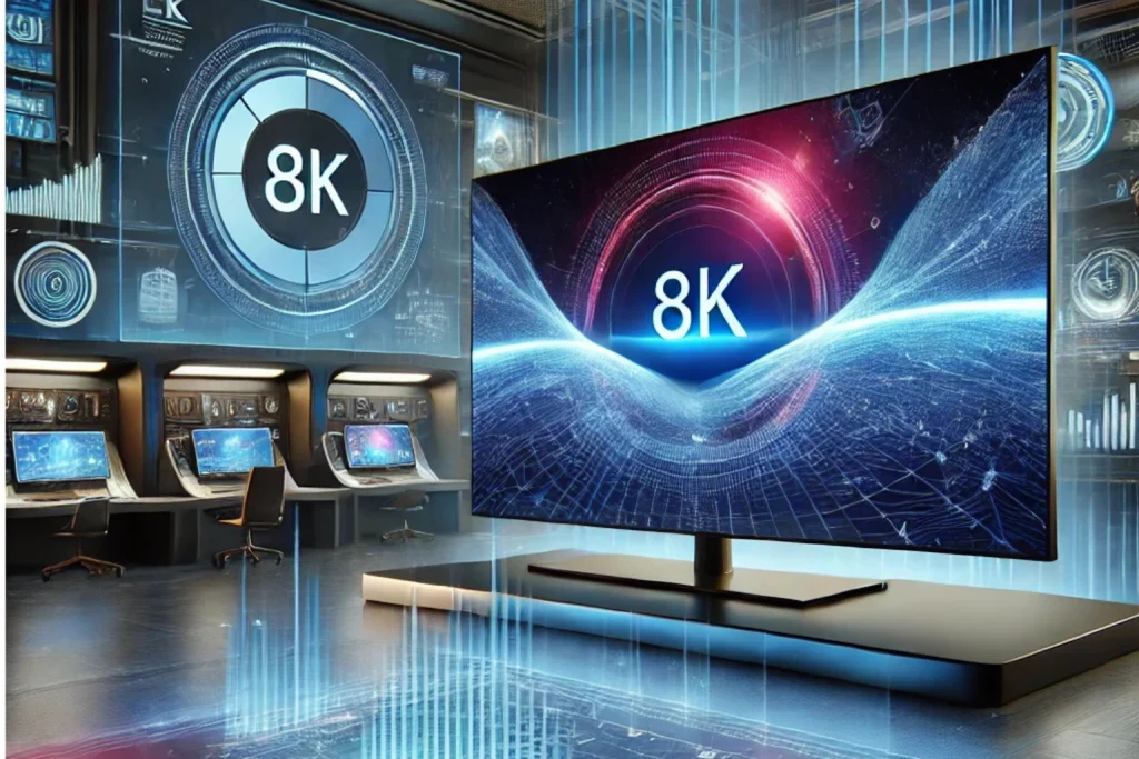 Futuristic 8K screen resolution digital display in a high-tech lab with holographic projections and neon blue lighting.