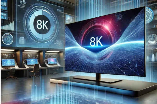 Futuristic 8K screen resolution digital display in a high-tech lab with holographic projections and neon blue lighting.